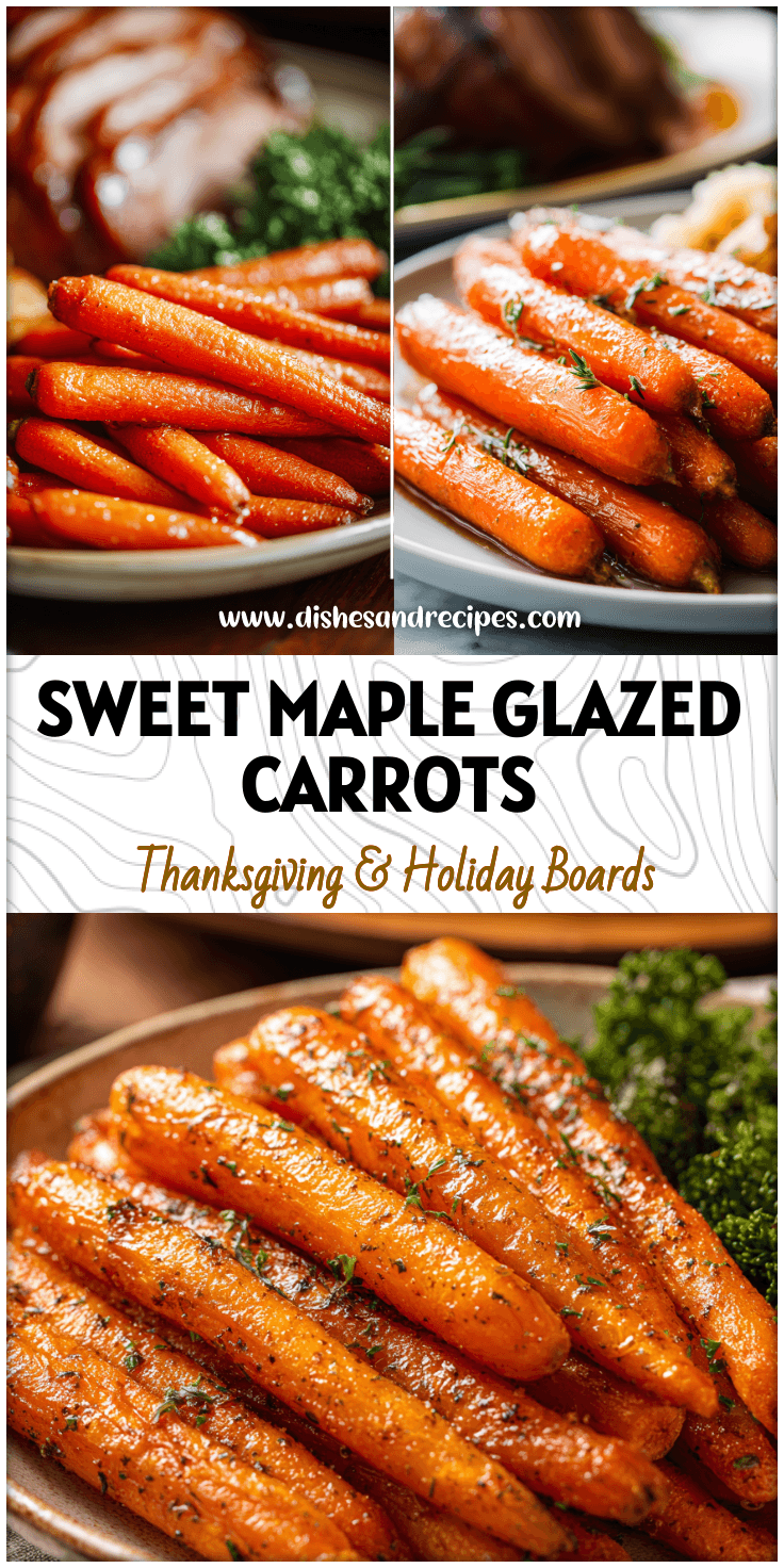 Baby carrots coated in maple and brown sugar glaze on a plate beside roasted meat as a Thanksgiving side dish